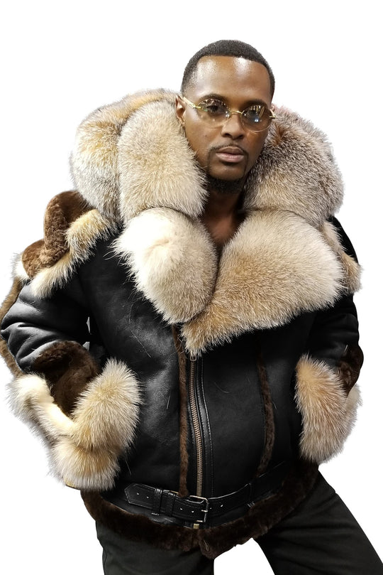 Herren Lammfell-Fliegerjacke mit luxuriösem Kunstfellkragen und warmem Innenfutter R&B