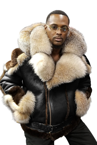 Herren Lammfell-Fliegerjacke mit luxuriösem Kunstfellkragen und warmem Innenfutter R&B