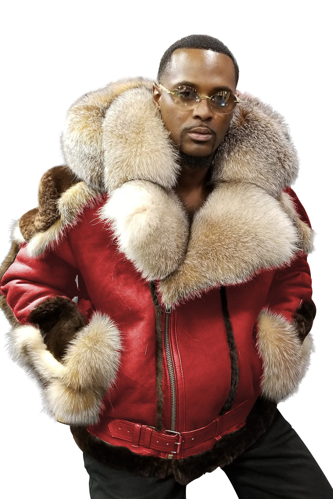 Herren Lammfell-Fliegerjacke mit luxuriösem Kunstfellkragen und warmem Innenfutter R&B