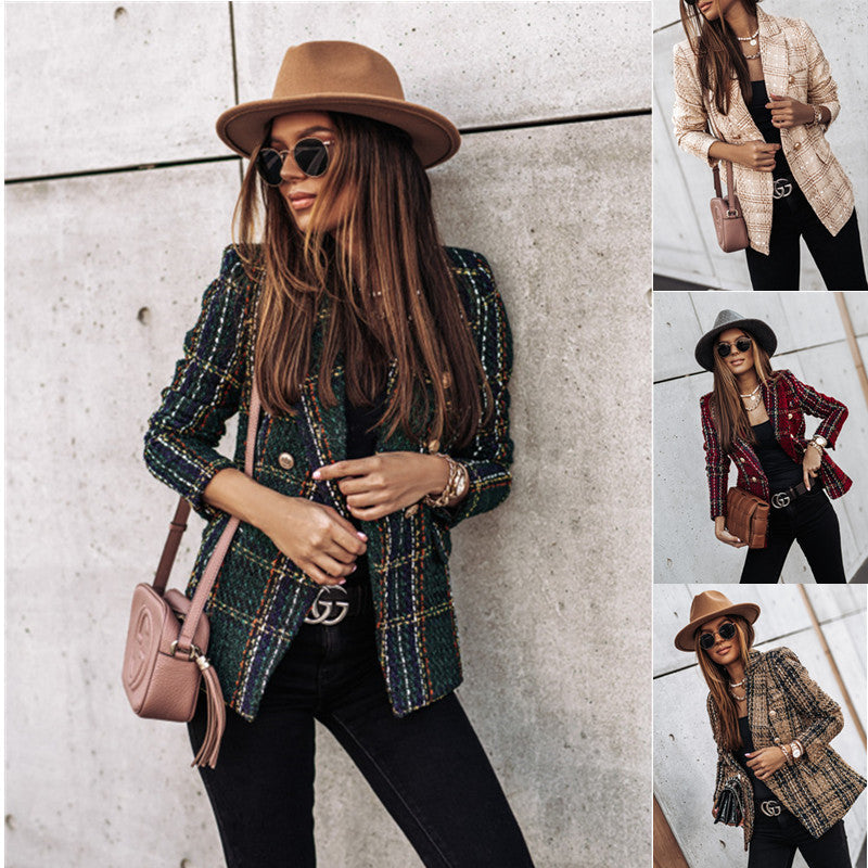 Damen modische Blazerjacke im Tweed-Stil mit schicken Knopfdetails R&B