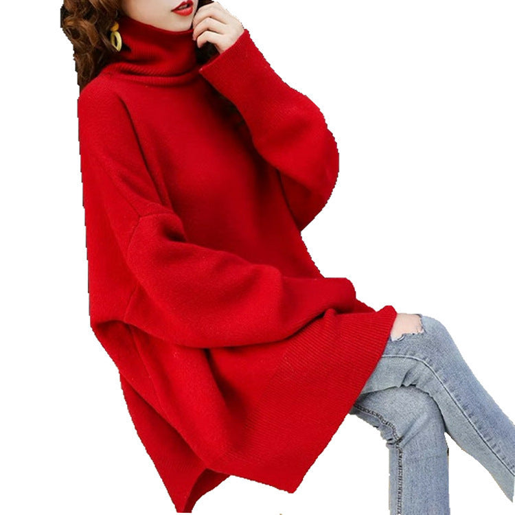 Damen Grobstrick Pullover mit hohem Kragen und lässigem Schnitt R&B