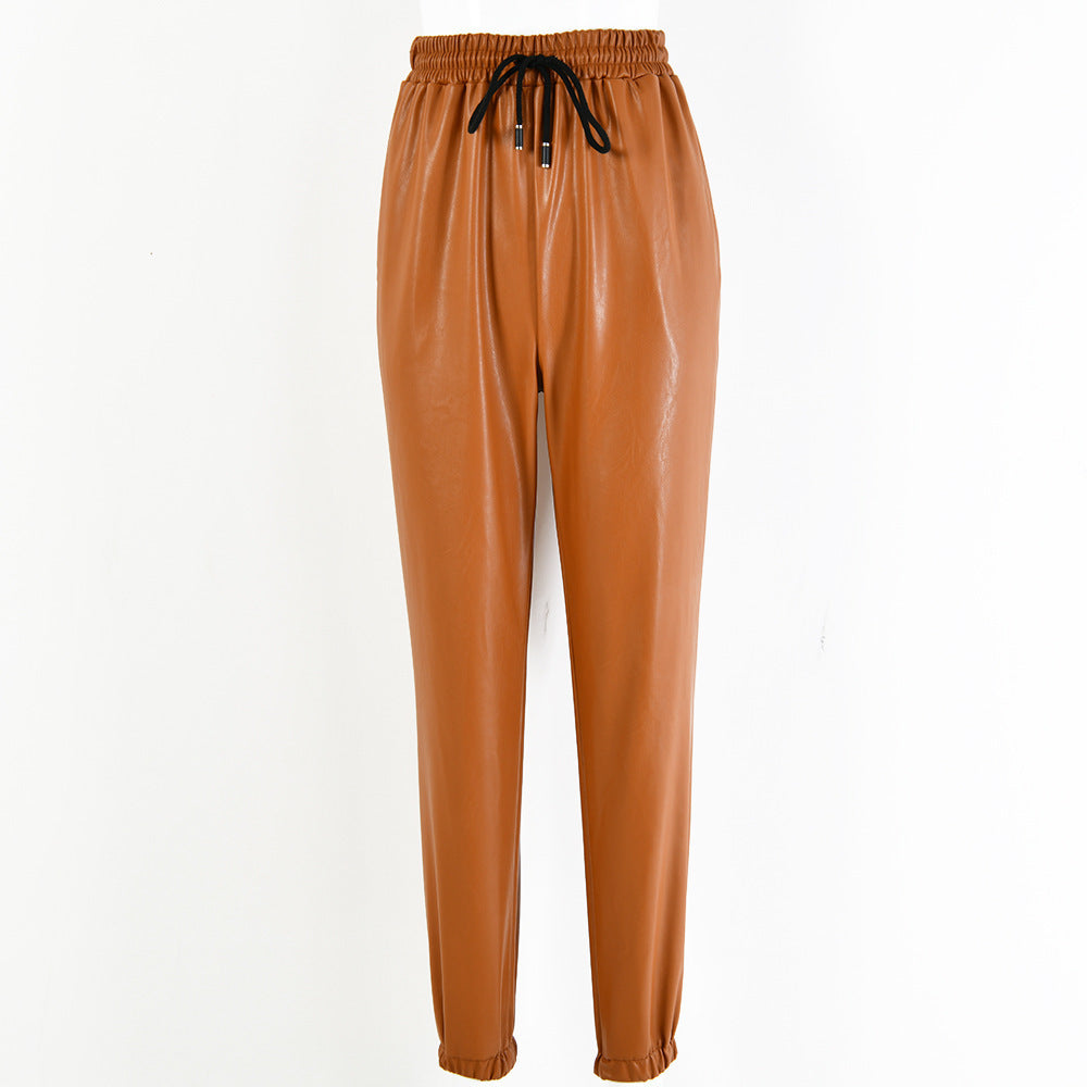 Damen elegante Kunstlederhose mit elastischem Bund und Kordelzug R&B