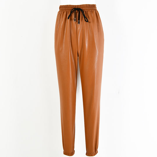 Damen elegante Kunstlederhose mit elastischem Bund und Kordelzug R&B