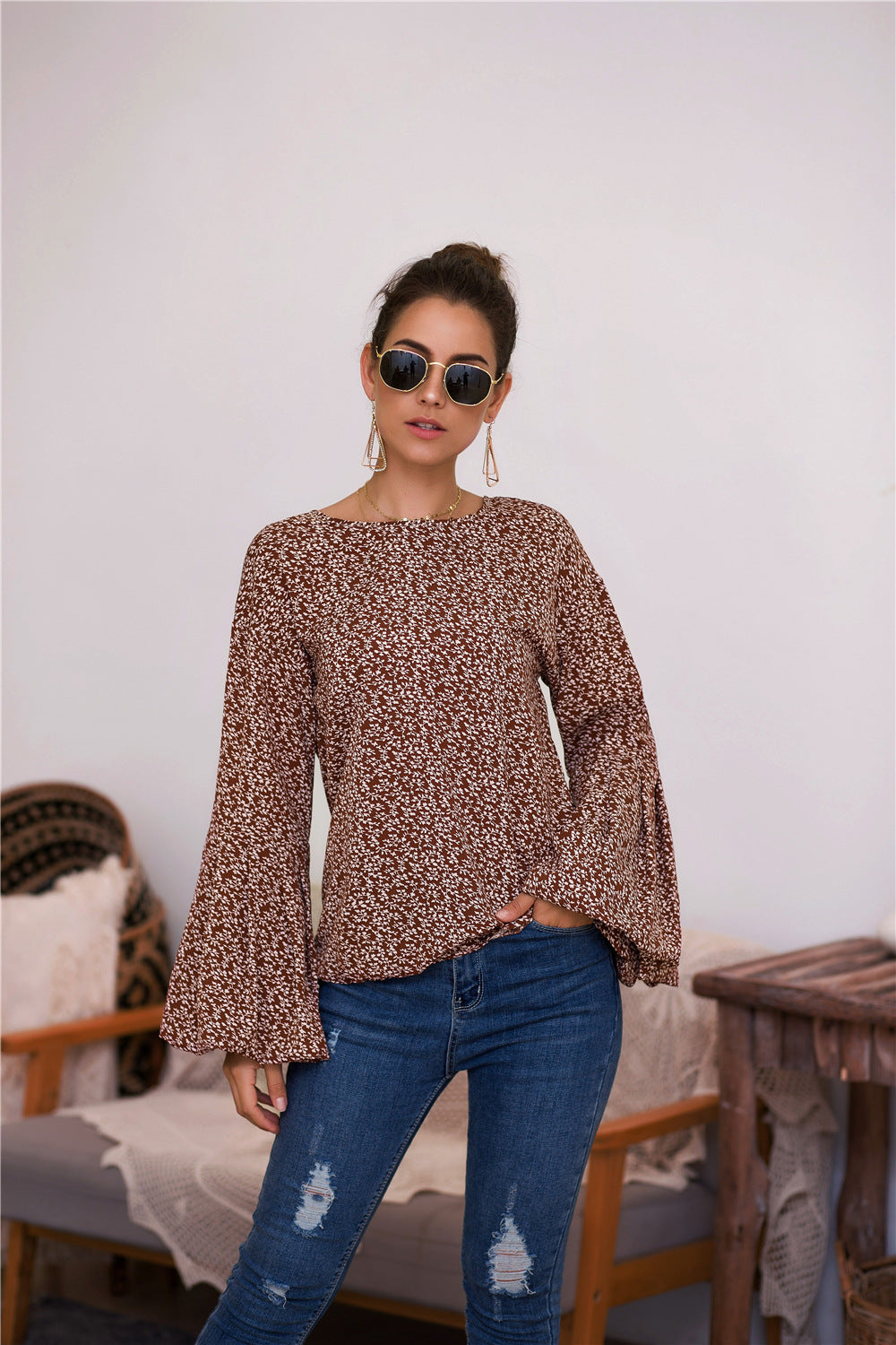 Damen Bluse mit voluminösen Ärmeln und floralen Details R&B