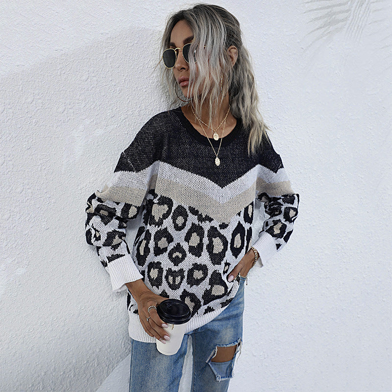 Damen lässiger Strickpullover mit grafischem Leoparden-Design R&B