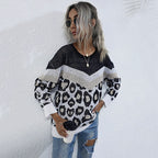 Damen lässiger Strickpullover mit grafischem Leoparden-Design