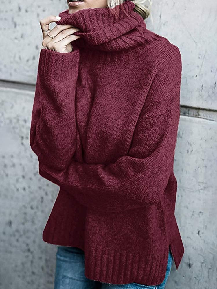 Damen Grobstrickpullover mit hohem Kragen und lässigem Schnitt R&B