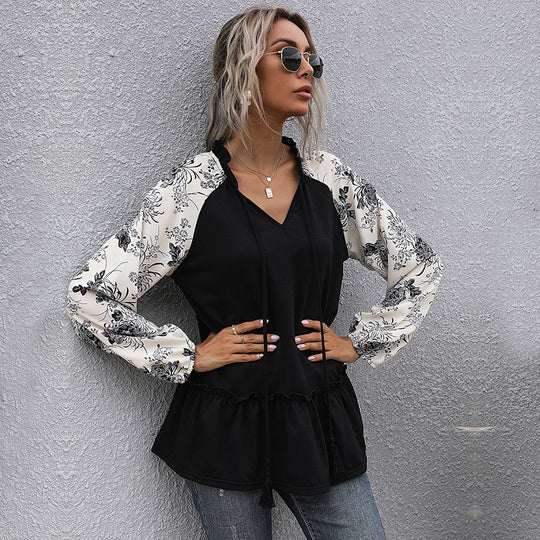 Damen modische Bluse mit floralem Ärmeldetail R&B