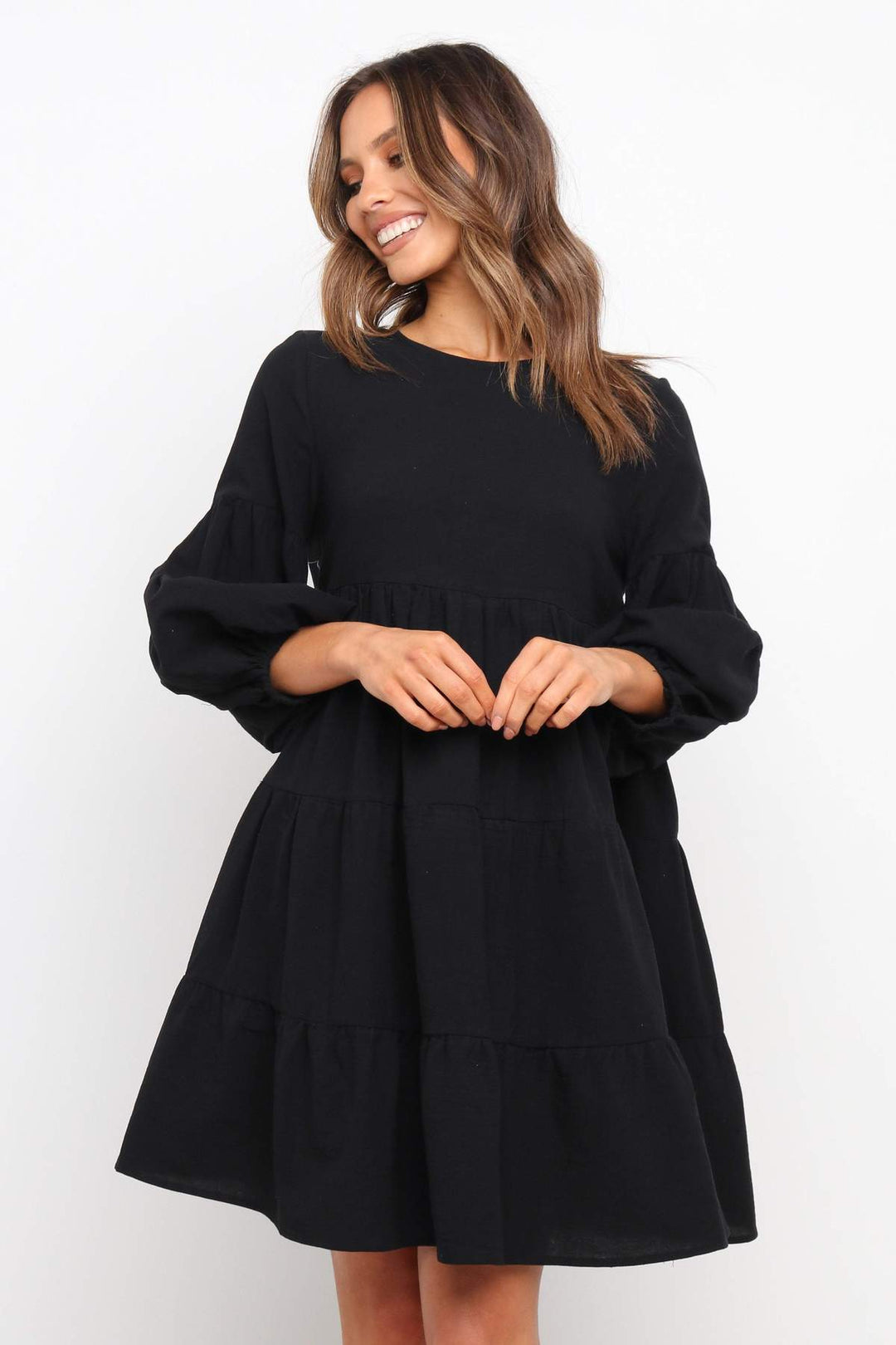 Damen luftiges Jersey-Kleid mit voluminösen Ärmeln und Rüschen R&B