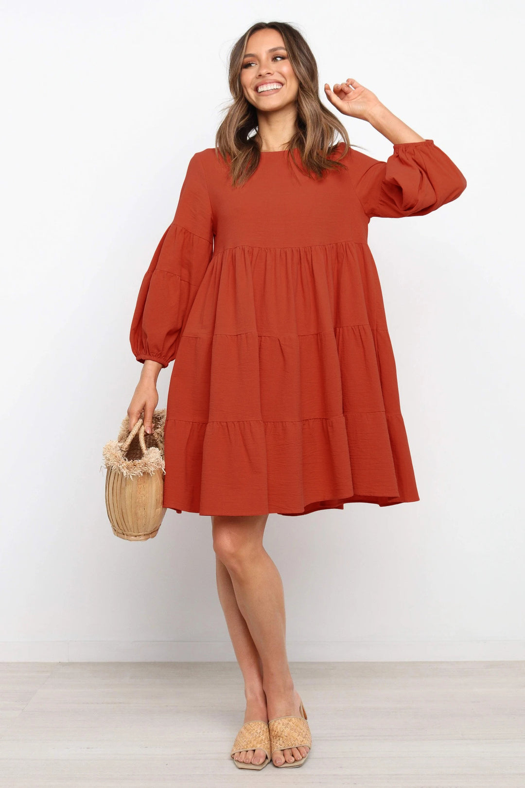 Damen luftiges Jersey-Kleid mit voluminösen Ärmeln und Rüschen R&B