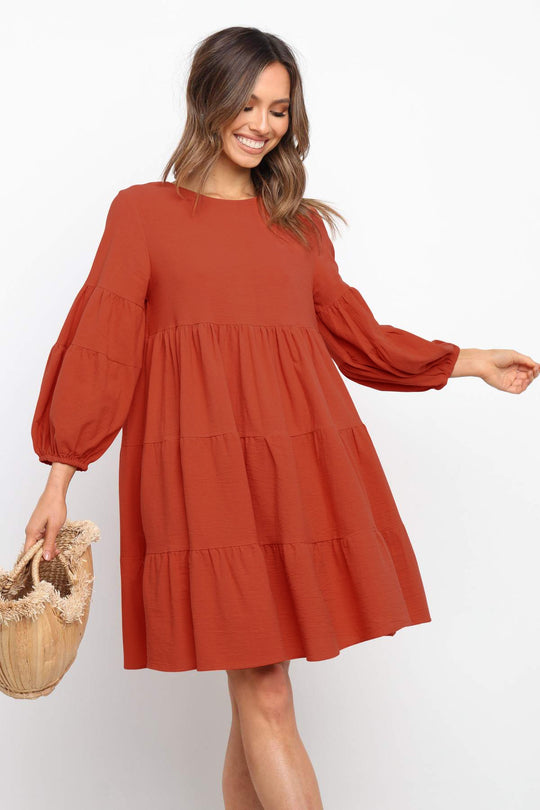 Damen luftiges Jersey-Kleid mit voluminösen Ärmeln und Rüschen R&B