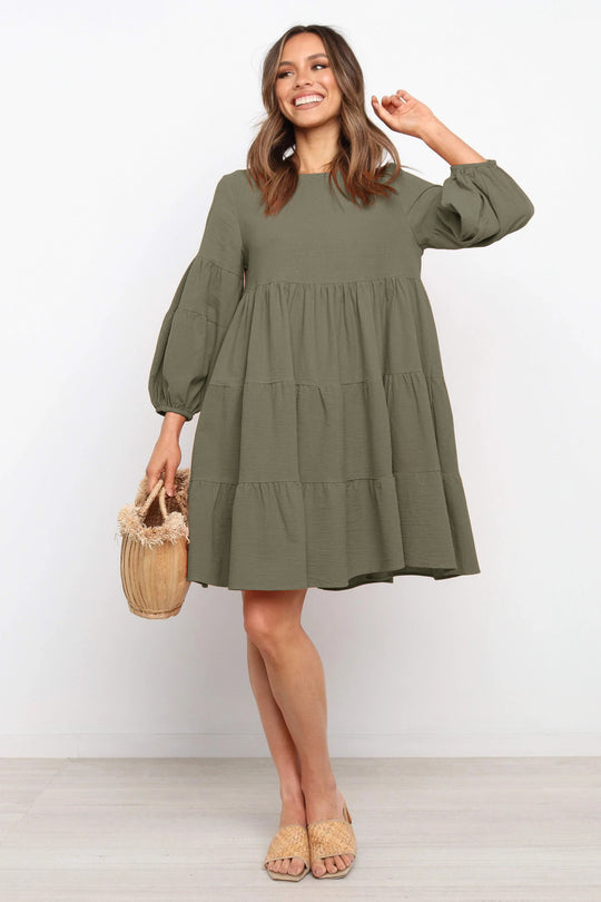 Damen luftiges Jersey-Kleid mit voluminösen Ärmeln und Rüschen R&B