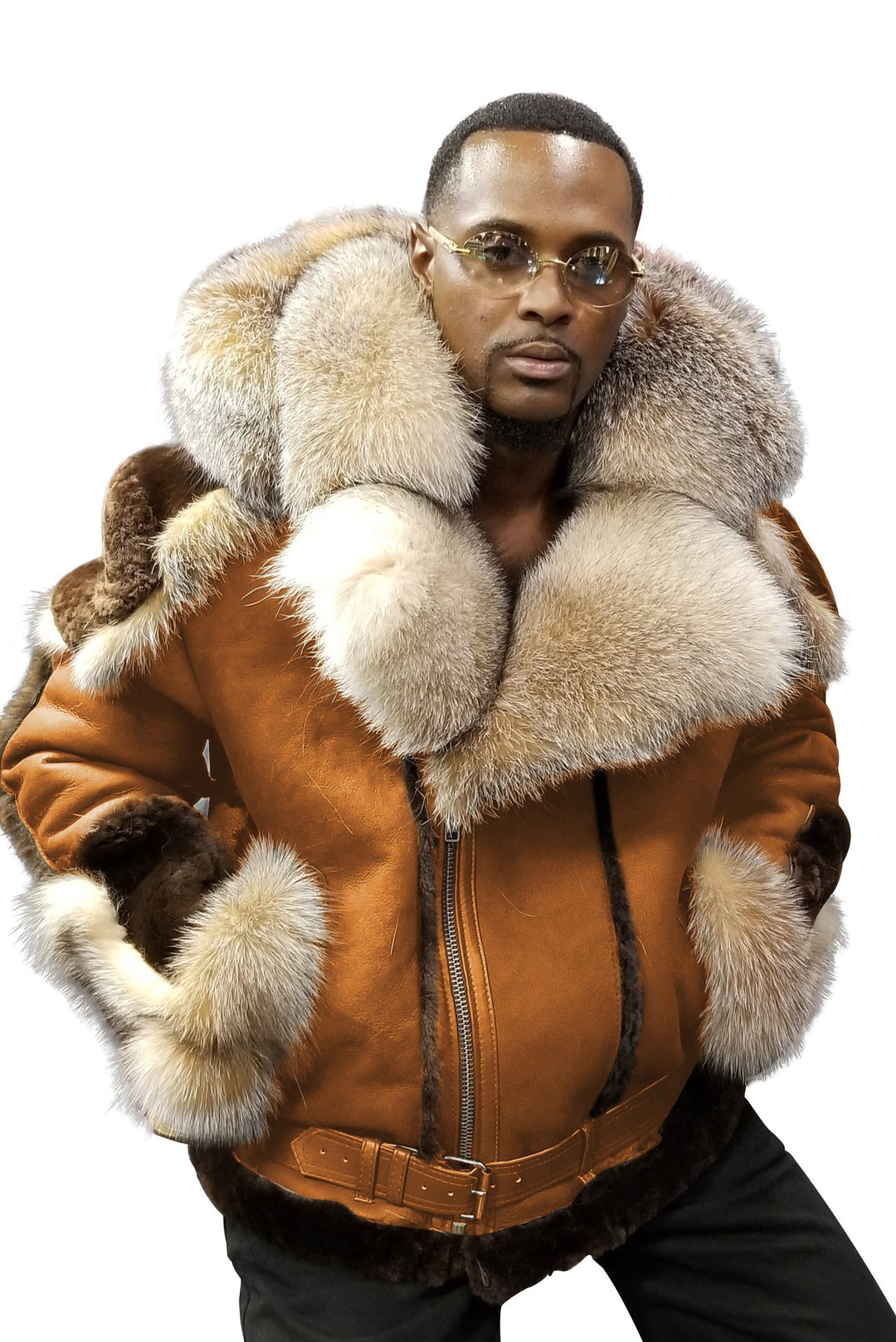 Herren Lammfell-Fliegerjacke mit luxuriösem Kunstfellkragen und warmem Innenfutter R&B