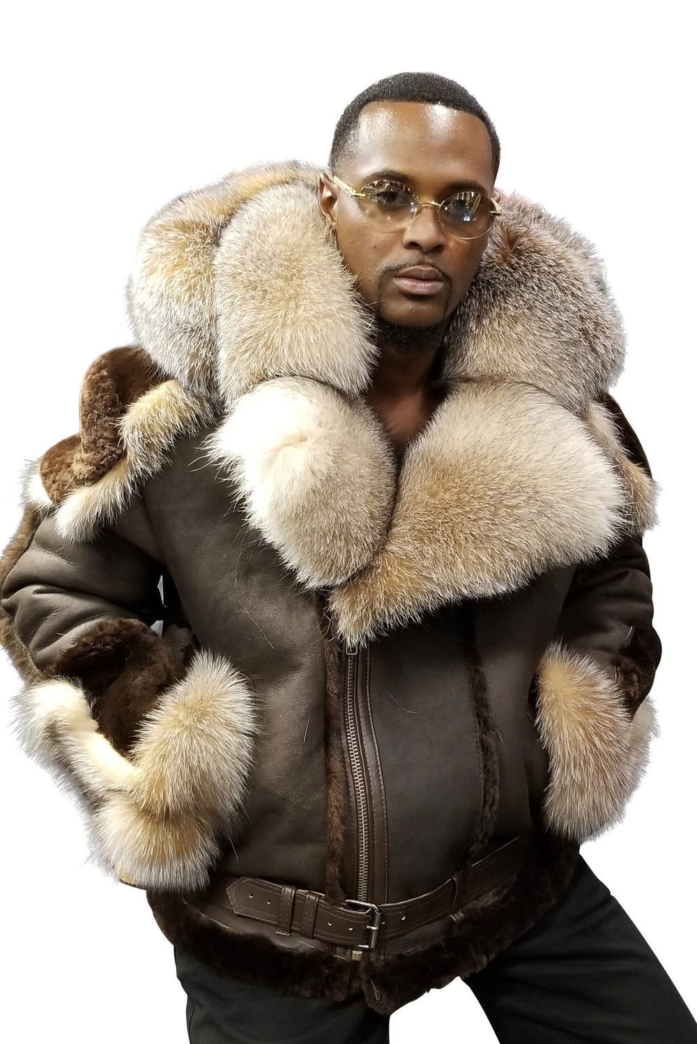 Herren Lammfell-Fliegerjacke mit luxuriösem Kunstfellkragen und warmem Innenfutter R&B