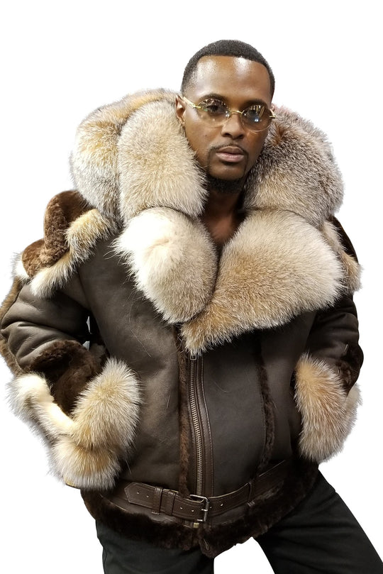 Herren Lammfell-Fliegerjacke mit luxuriösem Kunstfellkragen und warmem Innenfutter R&B