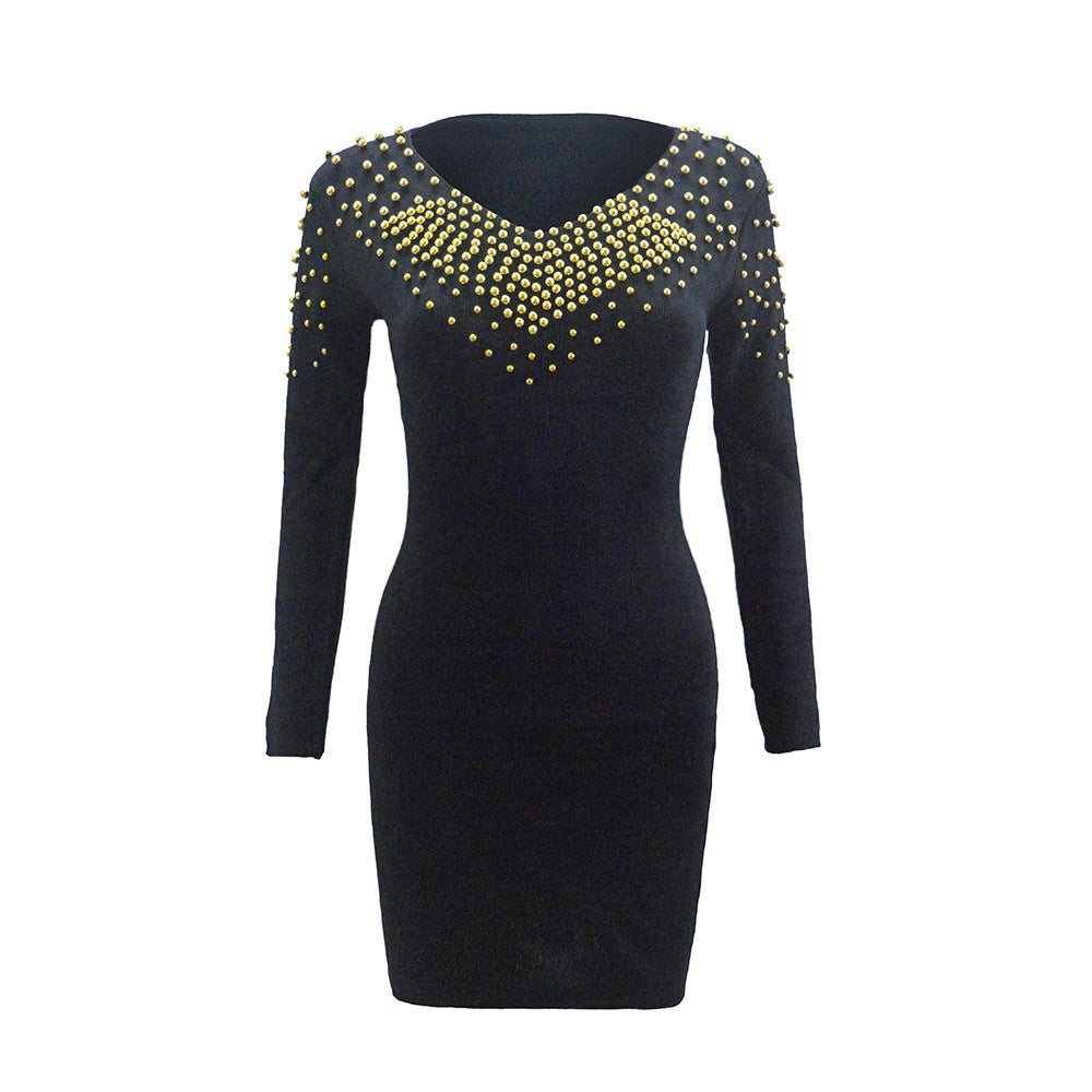 Damen Figurbetontes Minikleid mit goldenen Nieten und V-Ausschnitt R&B
