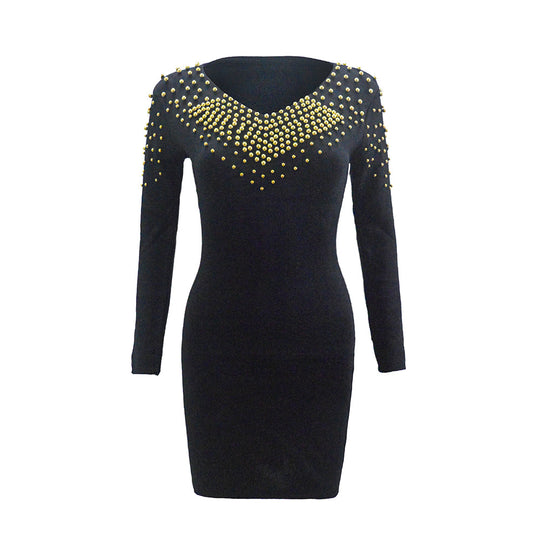 Damen Figurbetontes Minikleid mit goldenen Nieten und V-Ausschnitt R&B