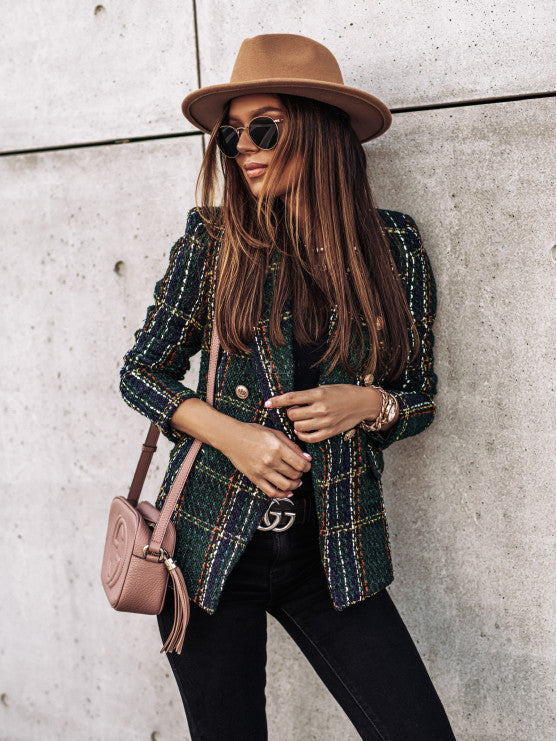 Damen modische Blazerjacke im Tweed-Stil mit schicken Knopfdetails R&B
