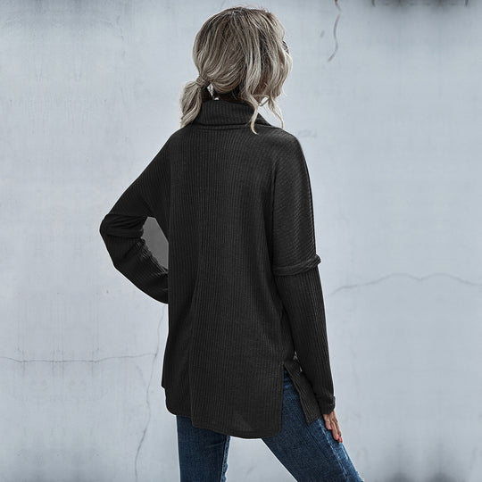 Damen modischer Oversized Pullover mit weitem Kragen und Rippstruktur R&B