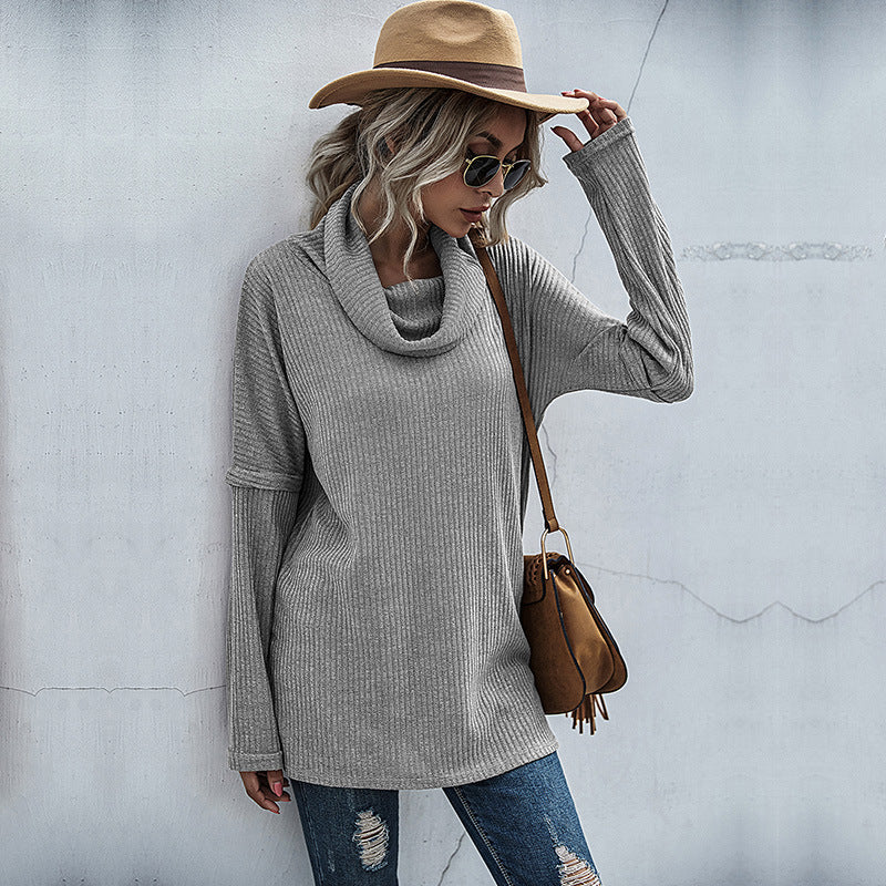 Damen modischer Oversized Pullover mit weitem Kragen und Rippstruktur R&B