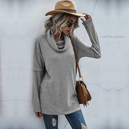Damen modischer Oversized Pullover mit weitem Kragen und Rippstruktur R&B