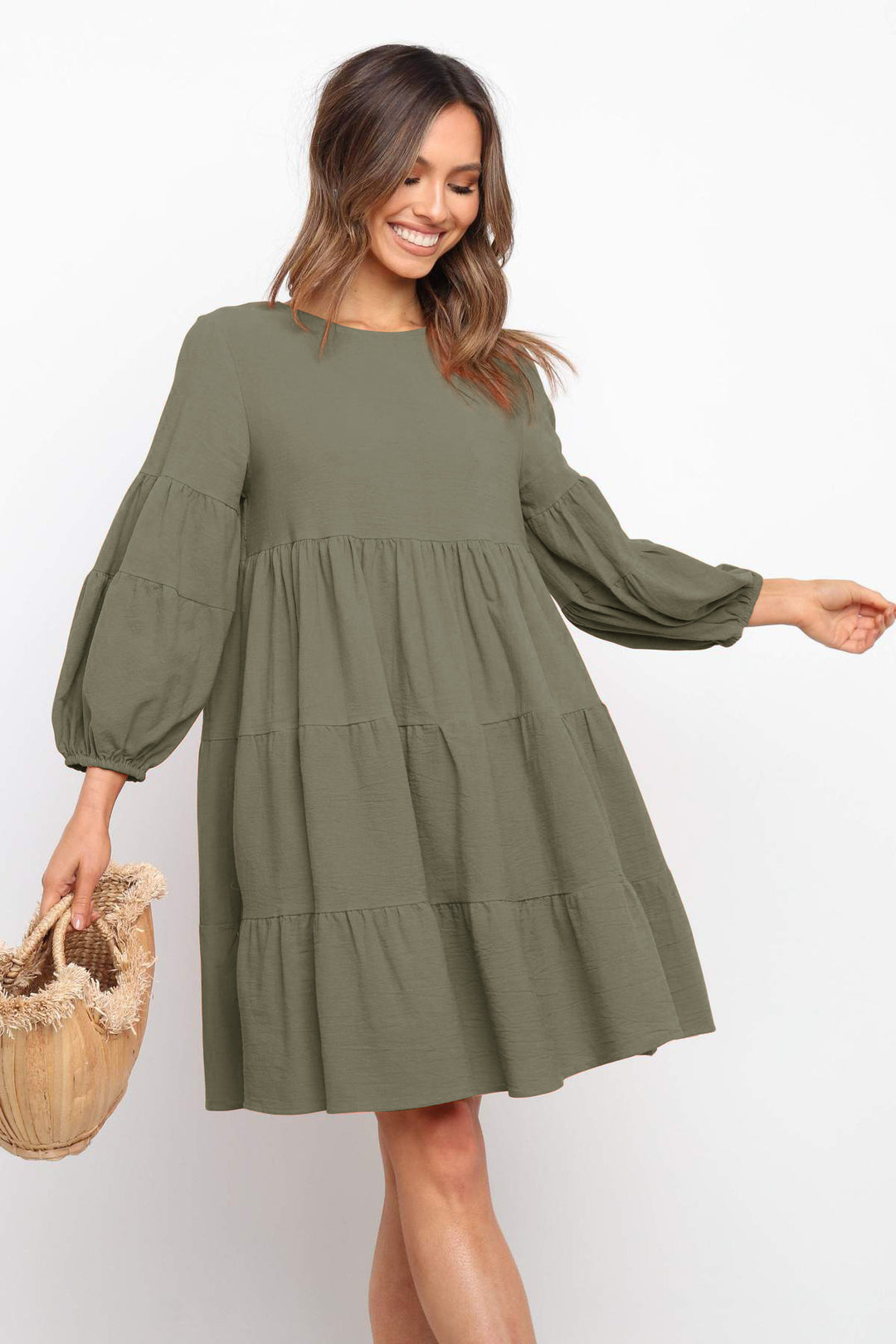 Damen luftiges Jersey-Kleid mit voluminösen Ärmeln und Rüschen R&B