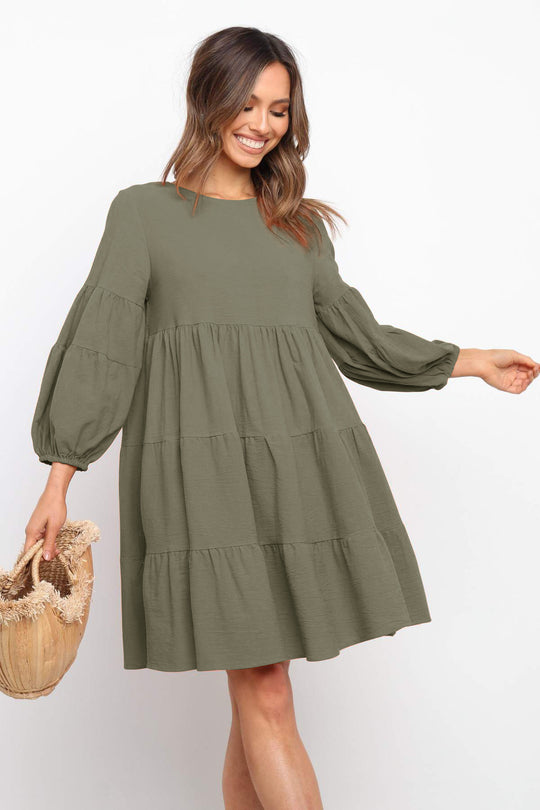 Damen luftiges Jersey-Kleid mit voluminösen Ärmeln und Rüschen R&B
