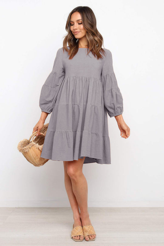 Damen luftiges Jersey-Kleid mit voluminösen Ärmeln und Rüschen R&B
