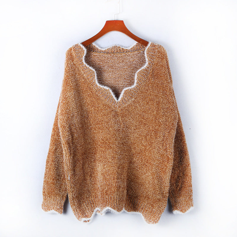 Damen kuscheliger Strickpullover mit tiefem V-Ausschnitt und gewellten Abschlüssen R&B