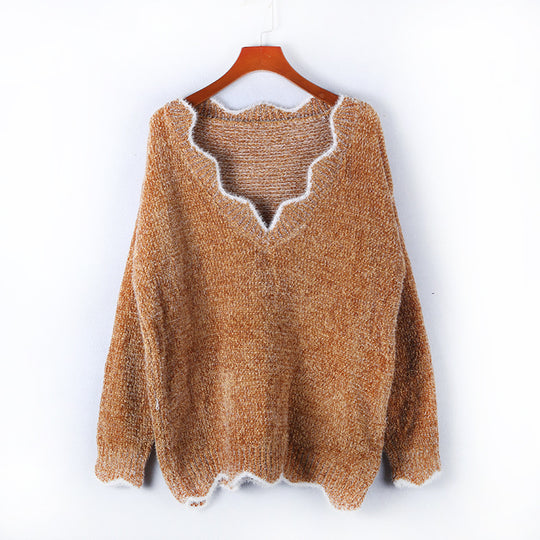 Damen kuscheliger Strickpullover mit tiefem V-Ausschnitt und gewellten Abschlüssen R&B