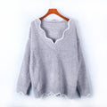 Damen kuscheliger Strickpullover mit tiefem V-Ausschnitt und gewellten Abschlüssen R&B