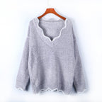 Damen kuscheliger Strickpullover mit tiefem V-Ausschnitt und gewellten Abschlüssen R&B