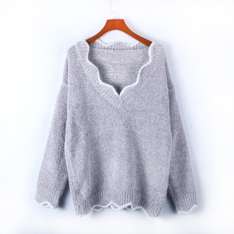 Damen kuscheliger Strickpullover mit tiefem V-Ausschnitt und gewellten Abschlüssen R&B