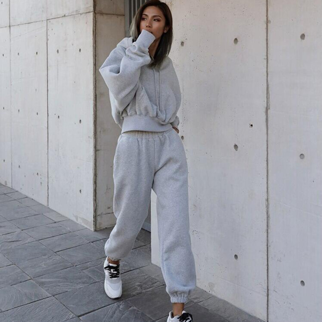 Damen bequeme Loungewear-Kombination mit Kapuze und elastischem Bund R&B