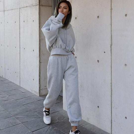 Damen bequeme Loungewear-Kombination mit Kapuze und elastischem Bund R&B