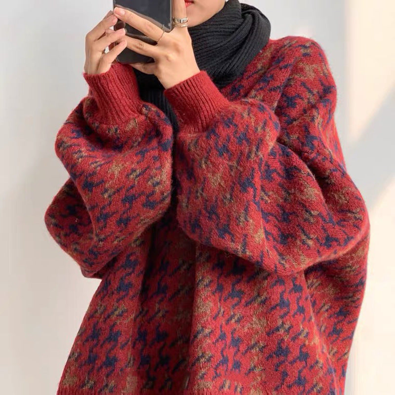 Damen Grob gestrickter Pullover mit modernen Mustern und hohem Kragen R&B