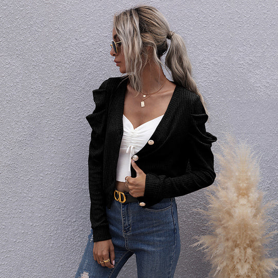 Damen Strickjacke mit dekorativen Knopfdetails und voluminösen Ärmeln R&B