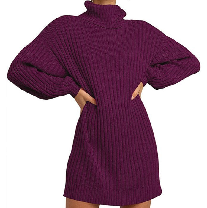 Damen Grobstrick Pulloverkleid mit hohem Kragen und überschnittenen Schultern