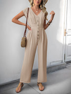 R&B | V-Ausschnitt einfarbiger elastischer Overall mit hoher Taille und weitem Bein