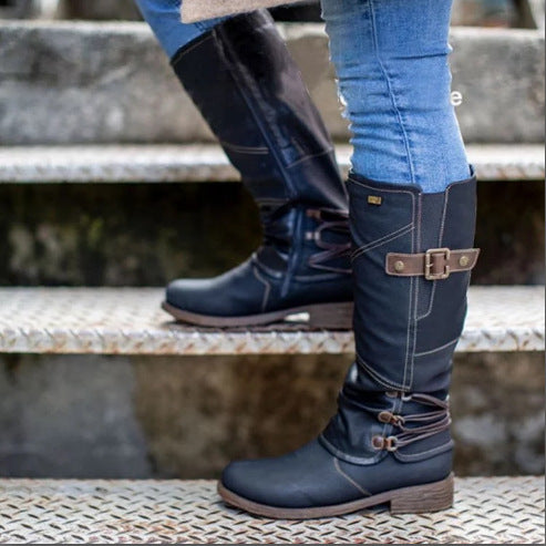 Damen Overknee Stiefel mit modischem Riemendesign und komfortablem Blockabsatz R&B