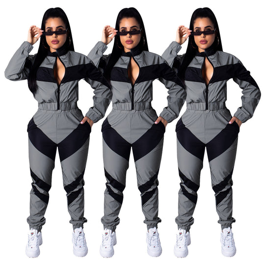 Damen sportlicher Jumpsuit mit modischen Farbblockdetails und hohem Kragen R&B
