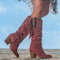 R&B | Kniestrumpf Stiefel Kunst Wildleder Blockabsatz Fransen und Nieten Western Stil