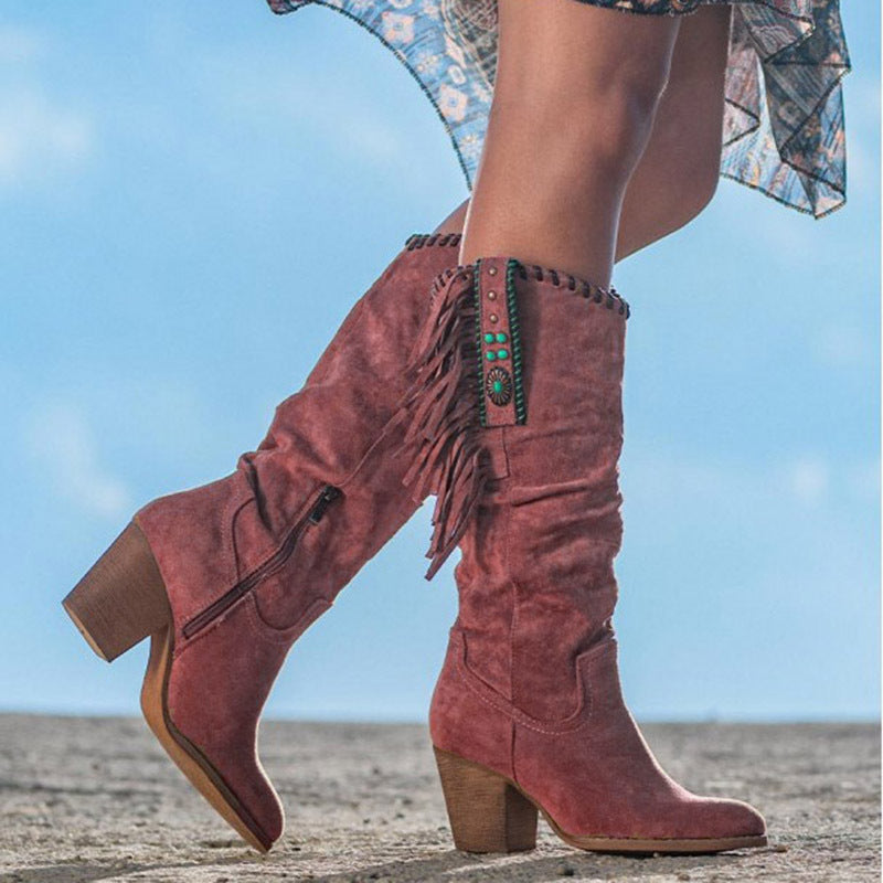 R&B | Kniestrumpf Stiefel Kunst Wildleder Blockabsatz Fransen und Nieten Western Stil