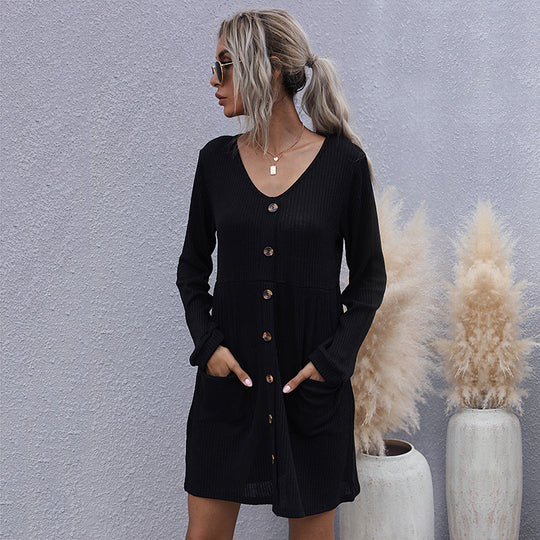 Damen Strickkleid mit durchgehendem Knopfverschluss und praktischen Taschen R&B
