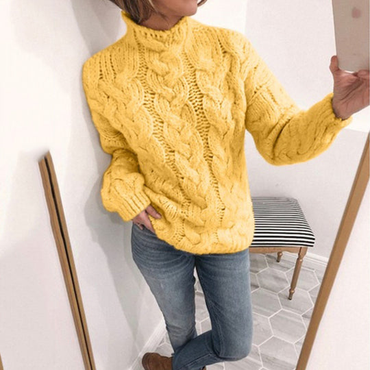 Damen Grobstrickpullover mit Kunststrickmuster und hohem Kragen R&B