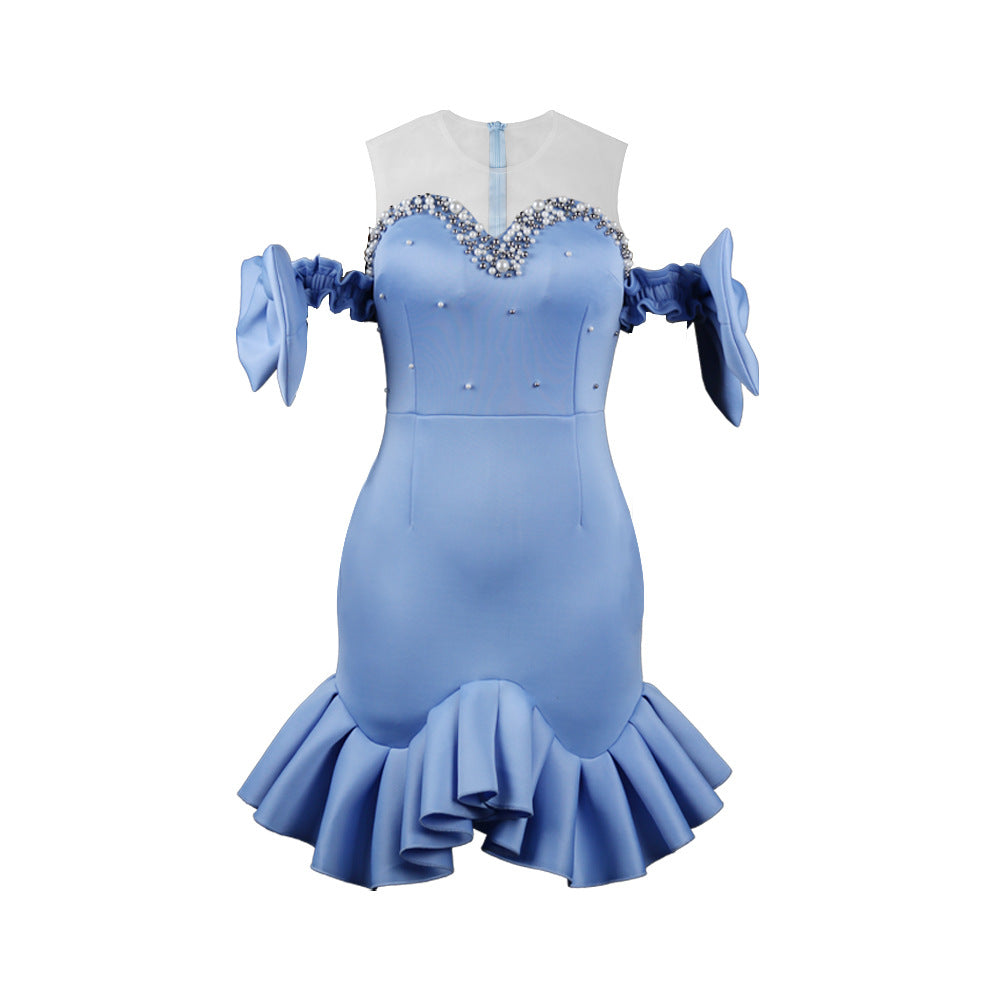 Damen Abendkleid mit transparenten Puffärmeln und Rüschenrand R&B