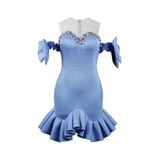 Damen Abendkleid mit transparenten Puffärmeln und Rüschenrand R&B