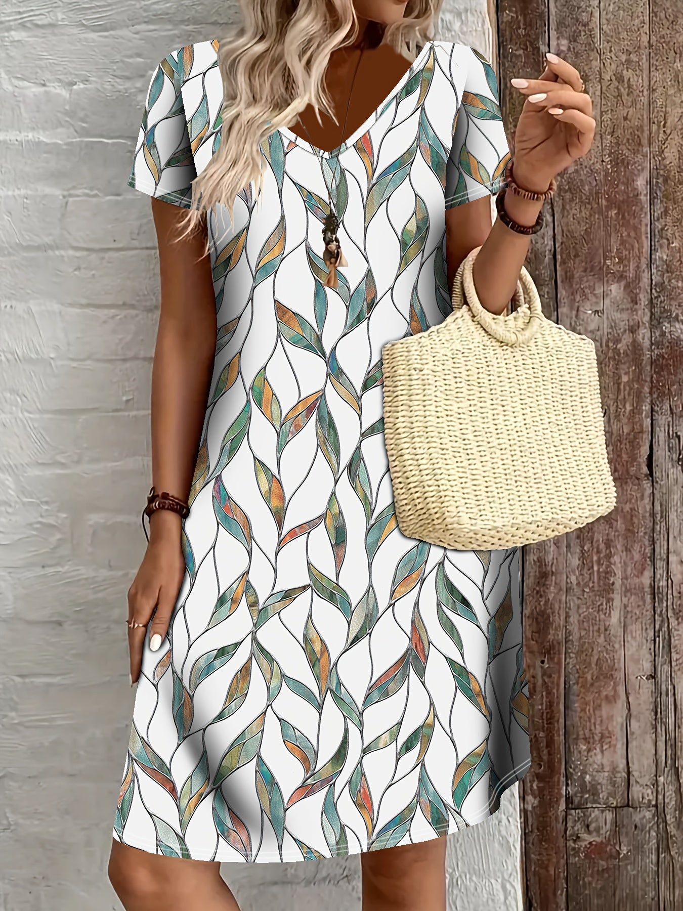 R&B | Sommerkleid mit Blättermuster Enganliegendes Midi-Kleid mit V-Ausschnitt