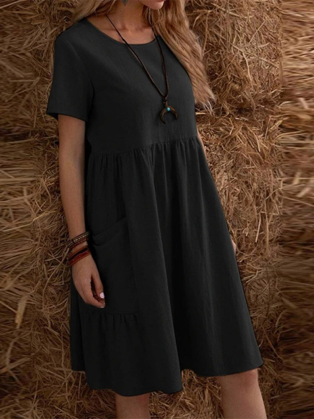 R&B | Lose Tasche einfarbig Rundhalsausschnitt Kleid