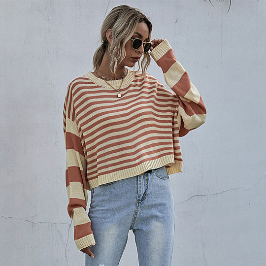 Damen lässiger Oversized Pullover mit Streifenmuster und weiten Ärmeln R&B